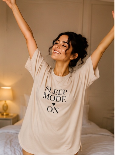 Women’s Beige “Sleep Mode On” Printed Oversized Sleep T-Shirt